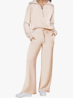 Set Wide-Leg Drawstring Pants and Half Zip sweatshirt